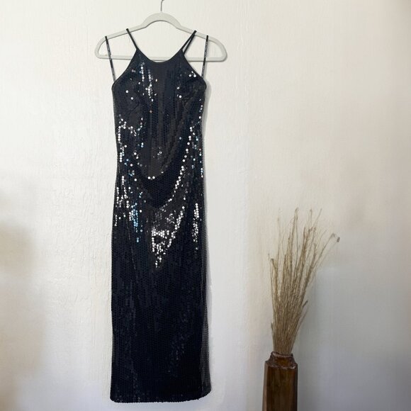 Vintage 90's LAUNDRY by Shelli Segal Black Sequin Slip Dress (Size 2) - Picture 1 of 8